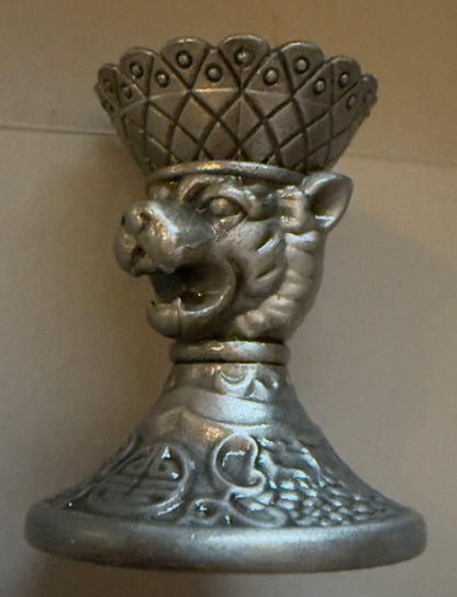 Ornate silver-tone metal dragon head sculpture with crown-like top and intricate details, fantasy decorative collectible ideal for altar, home decor, or themed crystal displays from Main Street Crystals and Minerals
