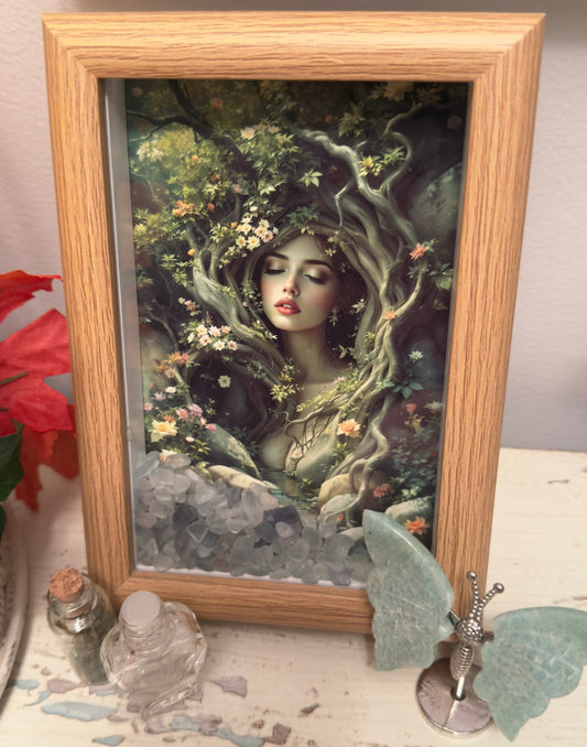 Oak Frame Shadow Box Willow Wisp Forest Serpentine Crystals Carved Serpentine Butterfly Wings on a stand Two Wish bottles Clear Quartz and Cedar Main Street Crystals and Minerals