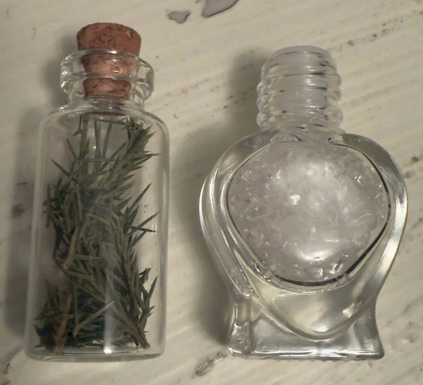 Wish bottle with Clear Quartz chips and rosemary herb vial