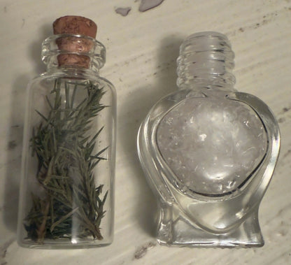 Wish bottle with Clear Quartz chips and rosemary herb vial