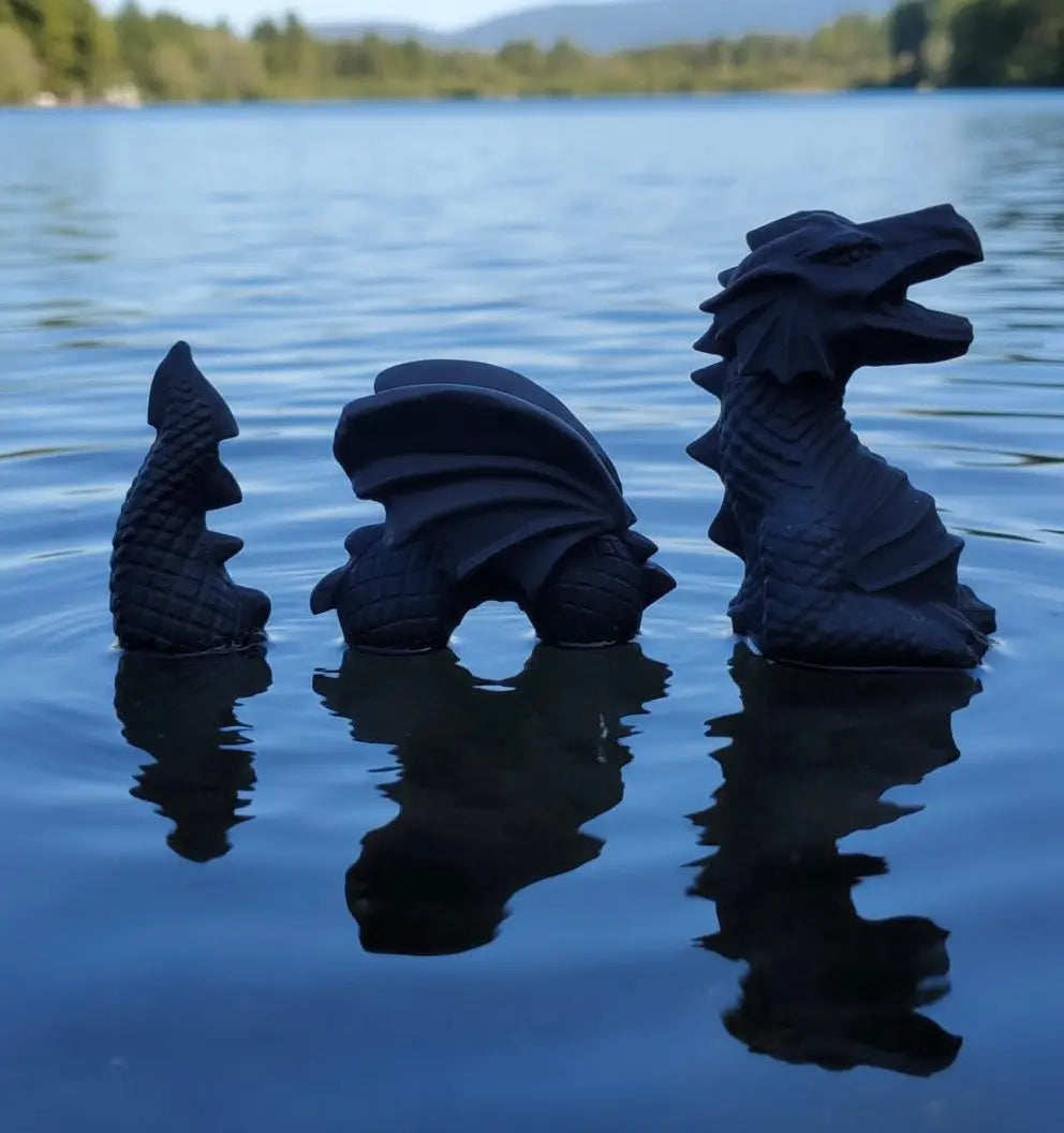 Black Obsidian Dragon carving 3 piece set front view