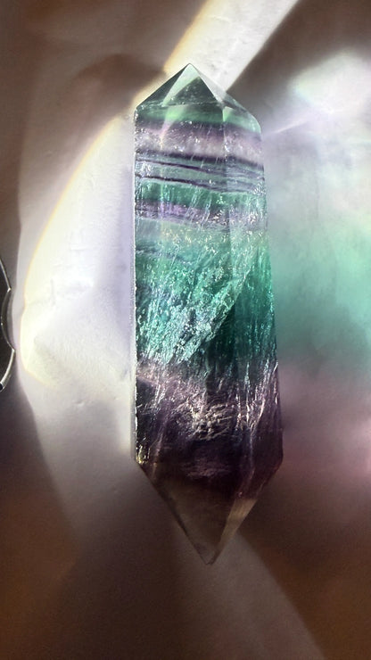 Rainbow Fluorite Double Point Generator on Metal Stand | clarity and focus | Wt 1.57 oz