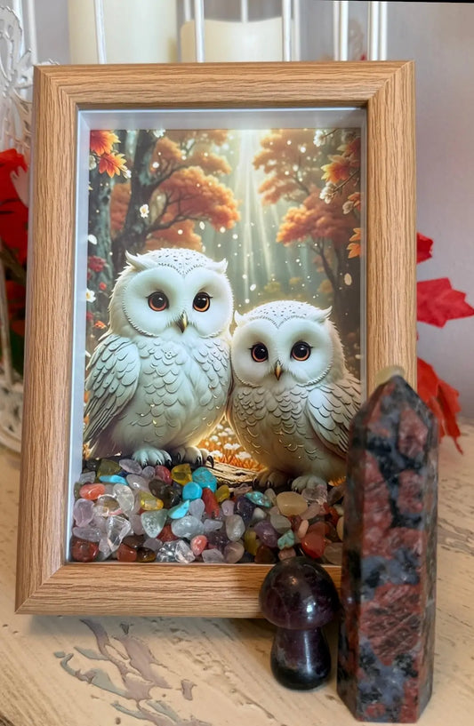 Oak framed art two owls in a forest, with trees, different crystal pebbles inside a shadow box