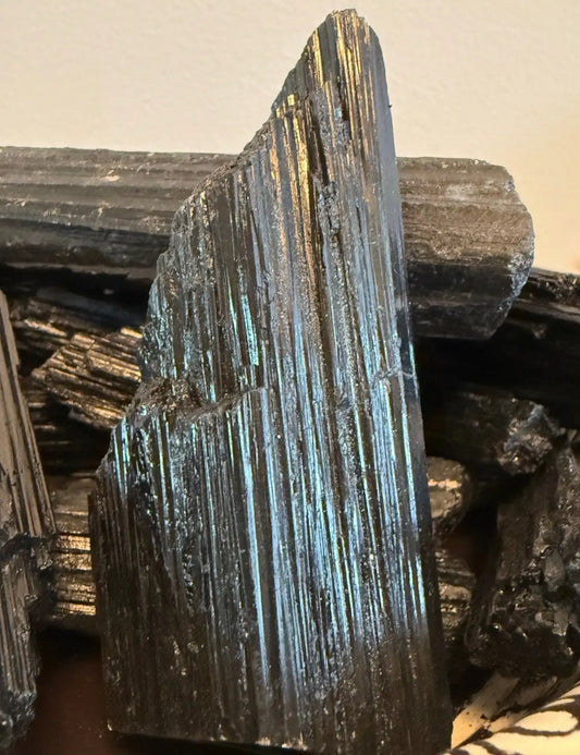 Black Tourmaline raw crystal specimens close-up