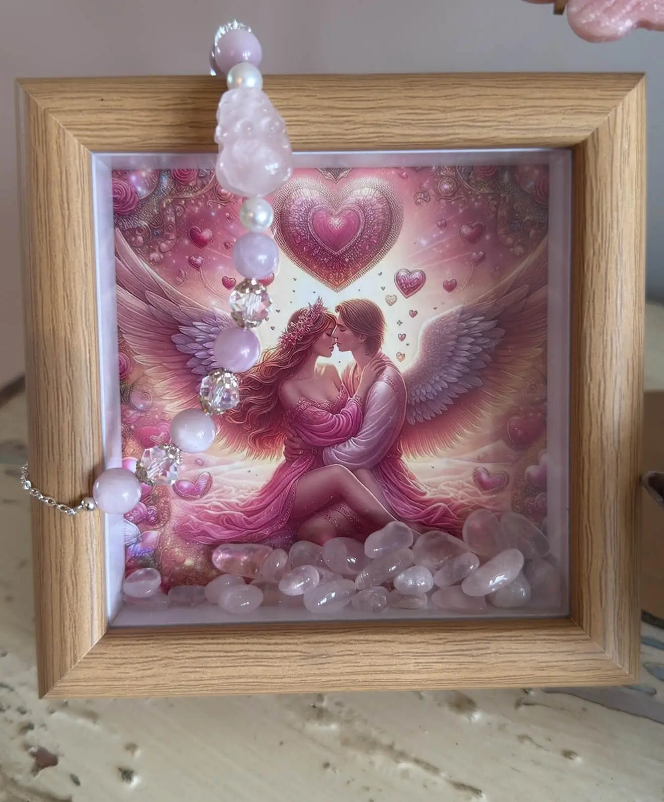 Pink Opal angel wings shadow box with Rose Quartz artwork
