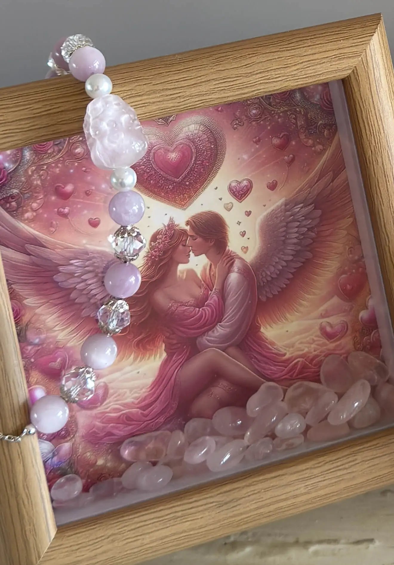Framed couple artwork with Rose Quartz in crystal shadow box