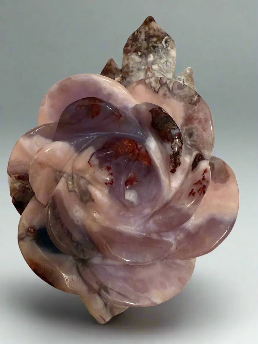 Pink Amethyst and Flower Agate carved rose with leaf