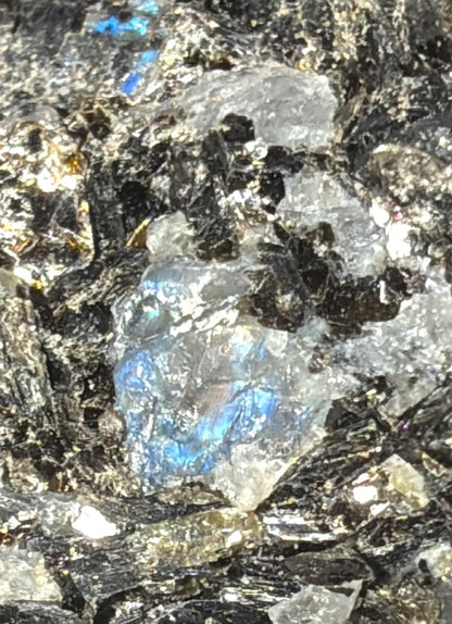 Rainbow Moonstone with Black and Blue Tourmaline close-up
