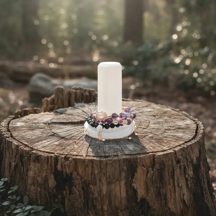 Selenite bracelet charging stand displayed on tree stump
