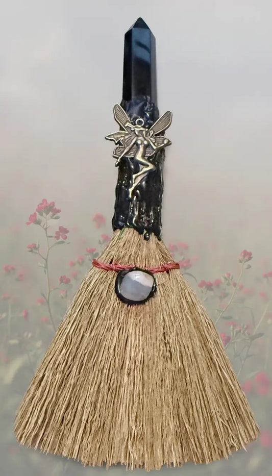 Handcrafted altar besom with fairy charm and Black Obsidian finial
