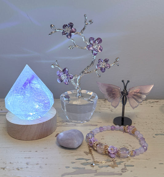 Fluorite diamond cut crystal tree with clear quartz and amethyst, carved butterfly wings, genuine crystal heart and bracelet 