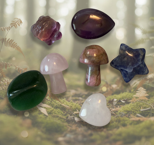 Sample of thank you gift for MS donation seven small crystals amethyst, rhodonite, fluorite, lapis lazuli, jade, clear quartz and rose quartz