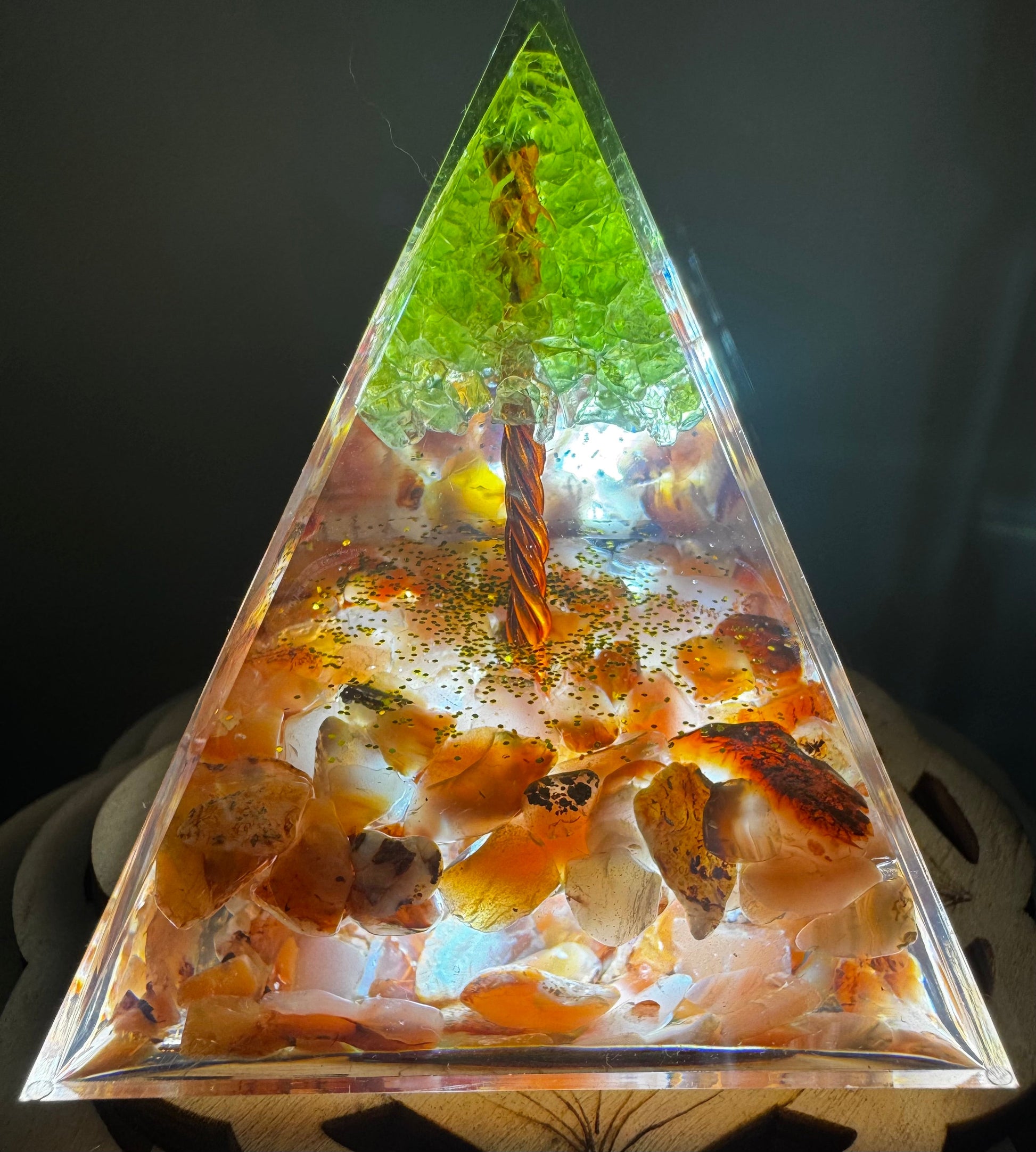 Carnelian & Peridot Tree Orgonite Pyramid - Main Street Crystals & Minerals