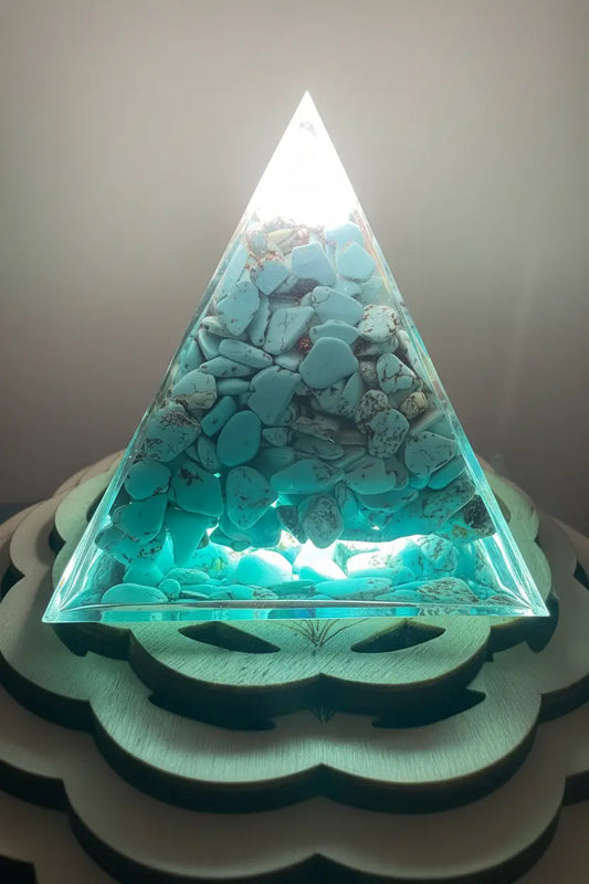 Back side of the Sri Yantra turquoise orgonite pyramid
