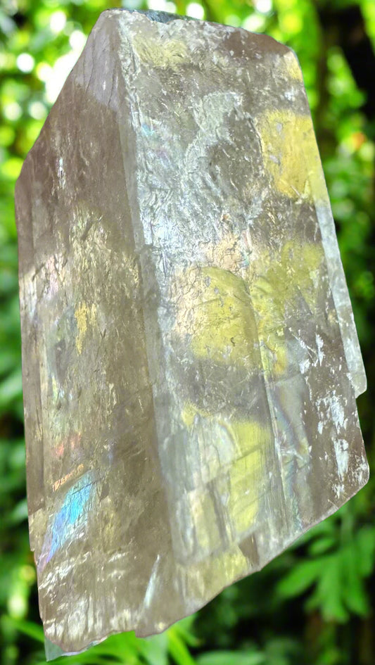 Translucent crystal with iridescent sheen, against a blurry green background.