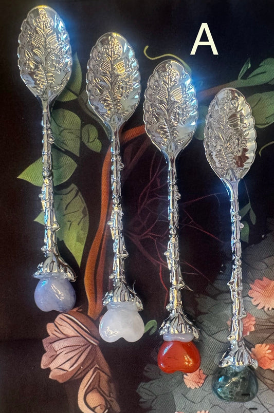 Apothecary Spoons / Herbal Teaspoon Sets of 4 Each sterling silver spoon is a genuine crystal embedded into the handle This set clear quartz, red jasper, sodalite, and jasper - Main Street Crystals & Minerals