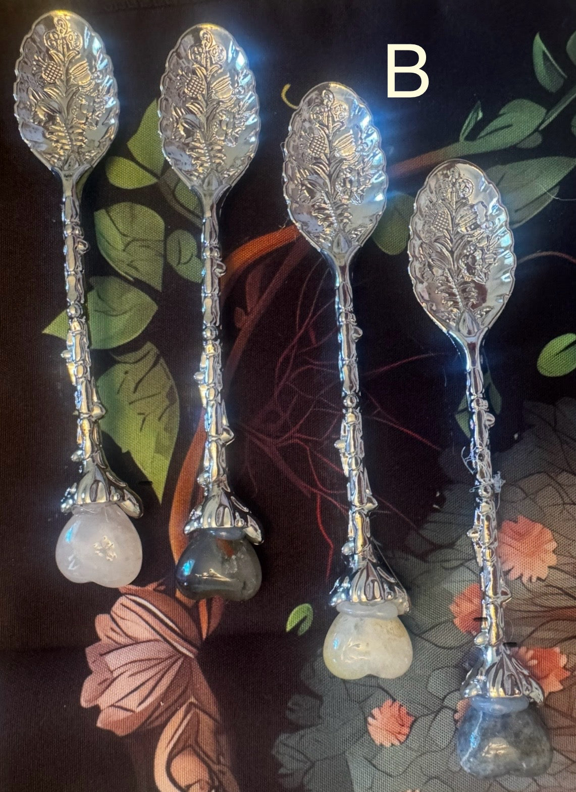 picture of a 4 piece sterling silver Apothecary Spoons / Herbal Teaspoon Sets of 4 - Crystals in this set Bloodstone, Citrine, Labradorite and Rose Quartz Main Street Crystals & Minerals