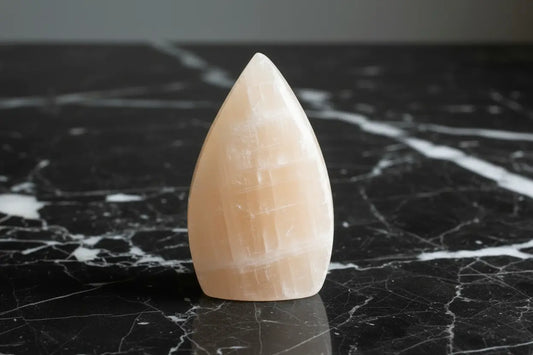 Peach selenite freeform on a black and white marble table