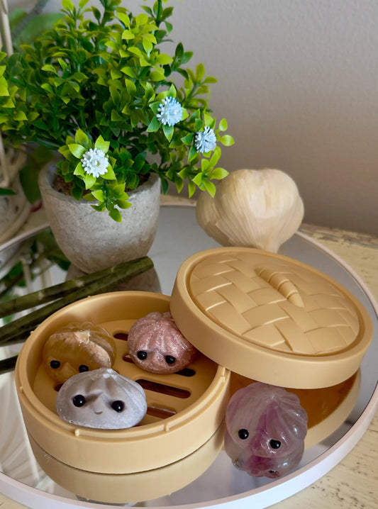 Picture of Resin Asian Dumpling Steamer with our crystal dumplings, fluorite, agate, calcite and feldspar
