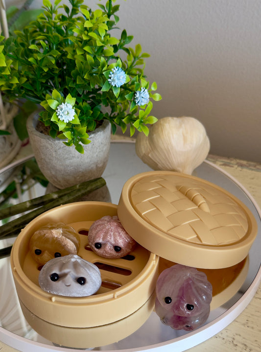 Picture of Resin Asian Dumpling Steamer with our crystal dumplings, fluorite, agate, calcite and feldspar
