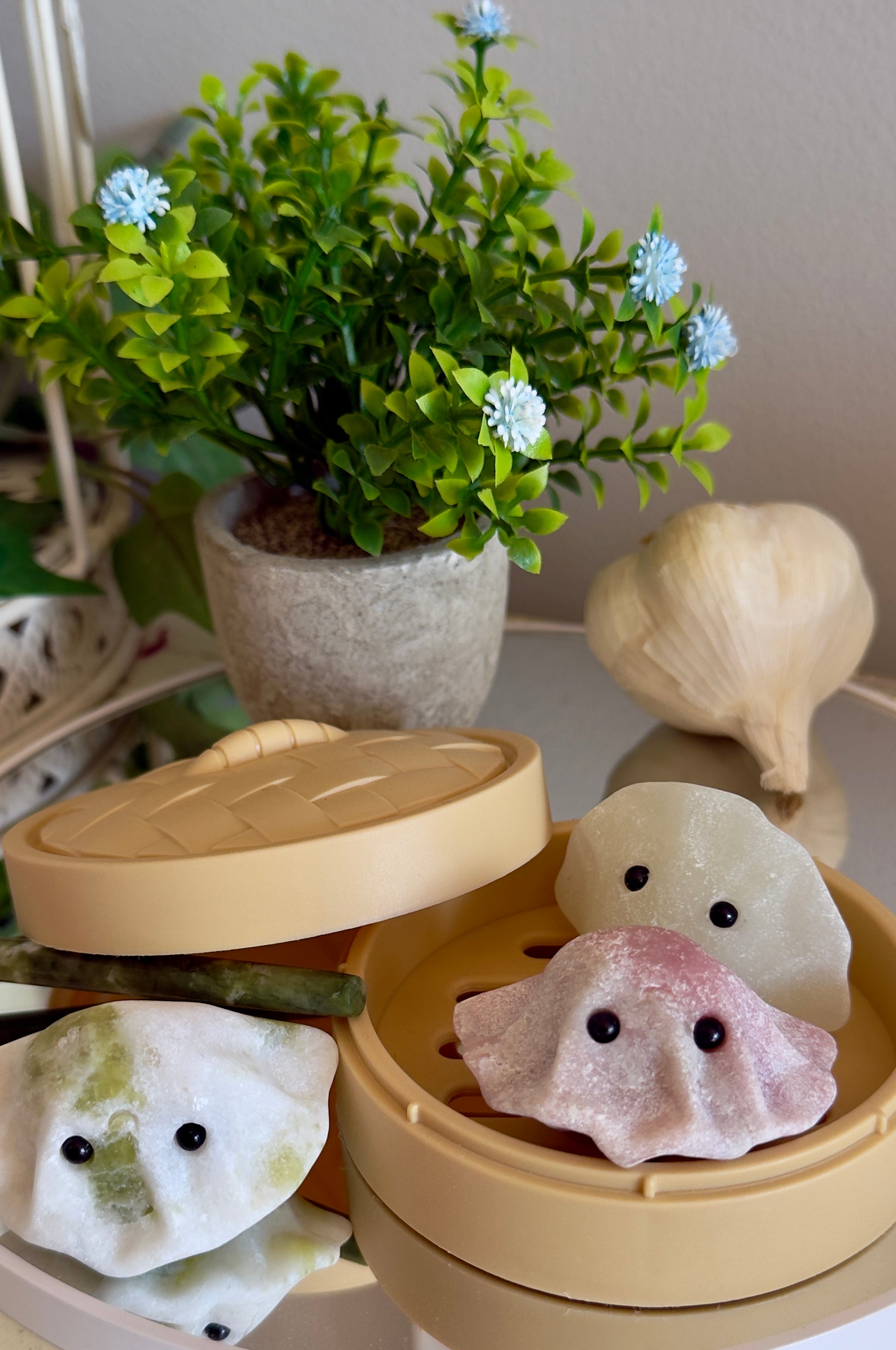 Asian Dumpling Steamer Basket C with colorful dumplings and herbs