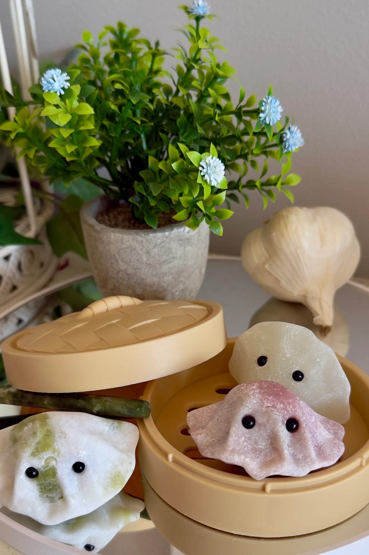 Asian Dumpling Steamer Basket C with colorful dumplings and herbs
