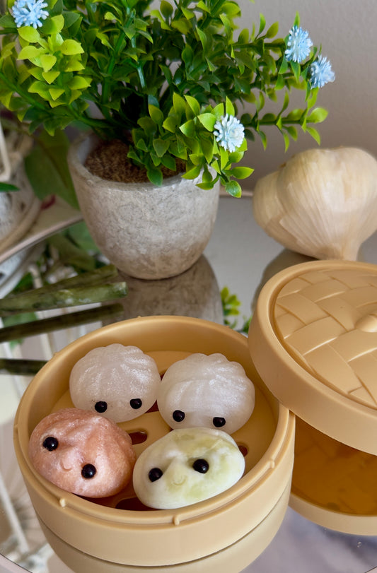 Asian Dumpling Steamer Basket B with colorful dumplings in a bamboo steamer