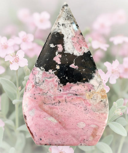 Rhodonite and Black Obsidian Love Bundle crystal in a teardrop shape surrounded by pink flowers