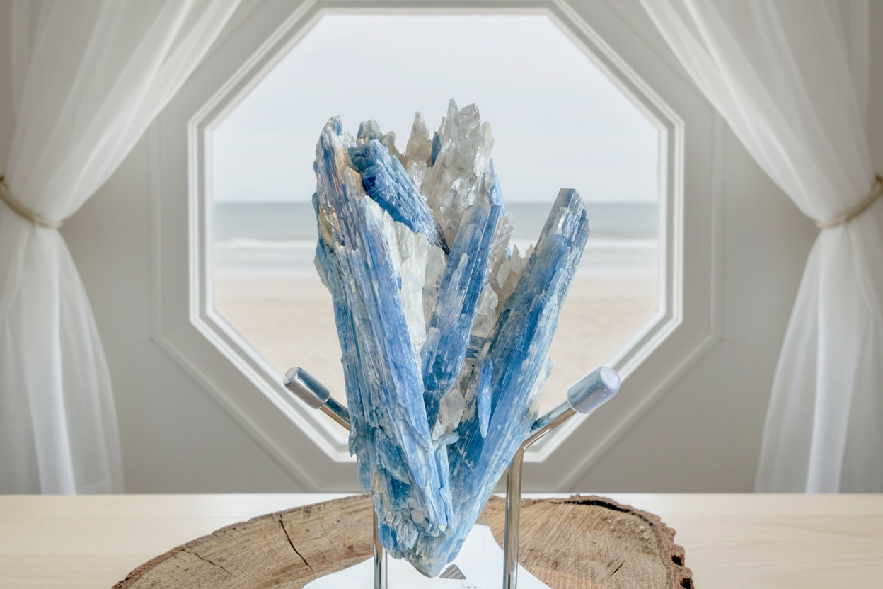 Close up of beautiful Blue Kyanite Specimen in a metal stand in front of an octagon window, sheer curtains and a muted beach scene behind 