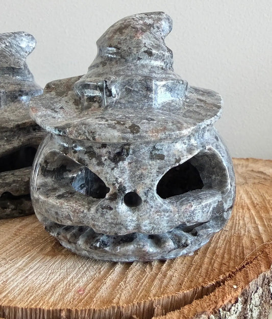 Yooperlite crystal Jack O Lantern carving close-up