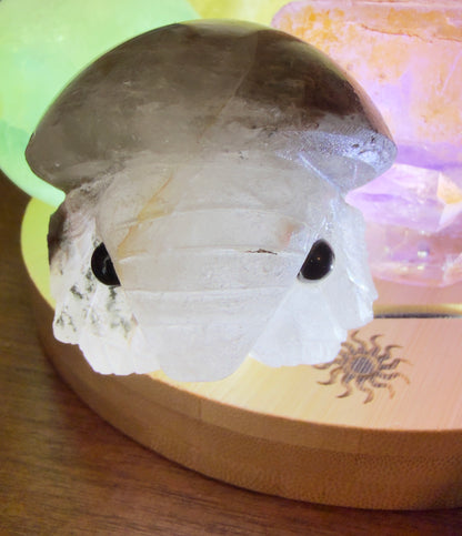 Garden Quartz Carved Elephant (B) in white with gray cap, illuminated