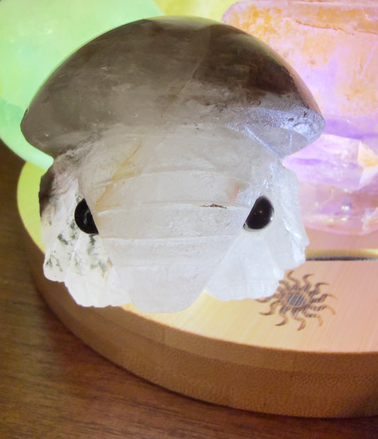 Garden Quartz Carved Elephant (B) in white with gray cap, illuminated