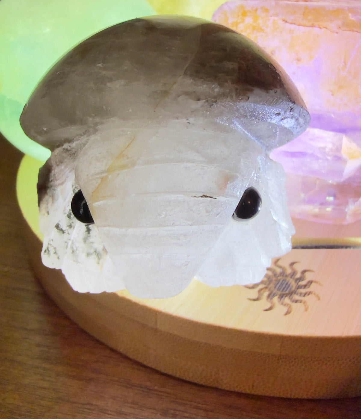 Garden Quartz Carved Elephant (B) in white with gray cap, illuminated