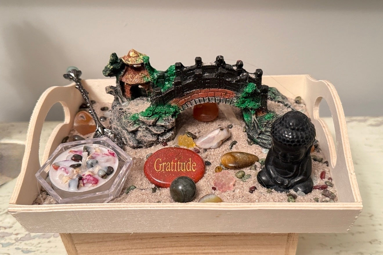Mini Zen Sand Garden Desk Meditation Kit with Buddha Statue and 'Gratitude' Sign
