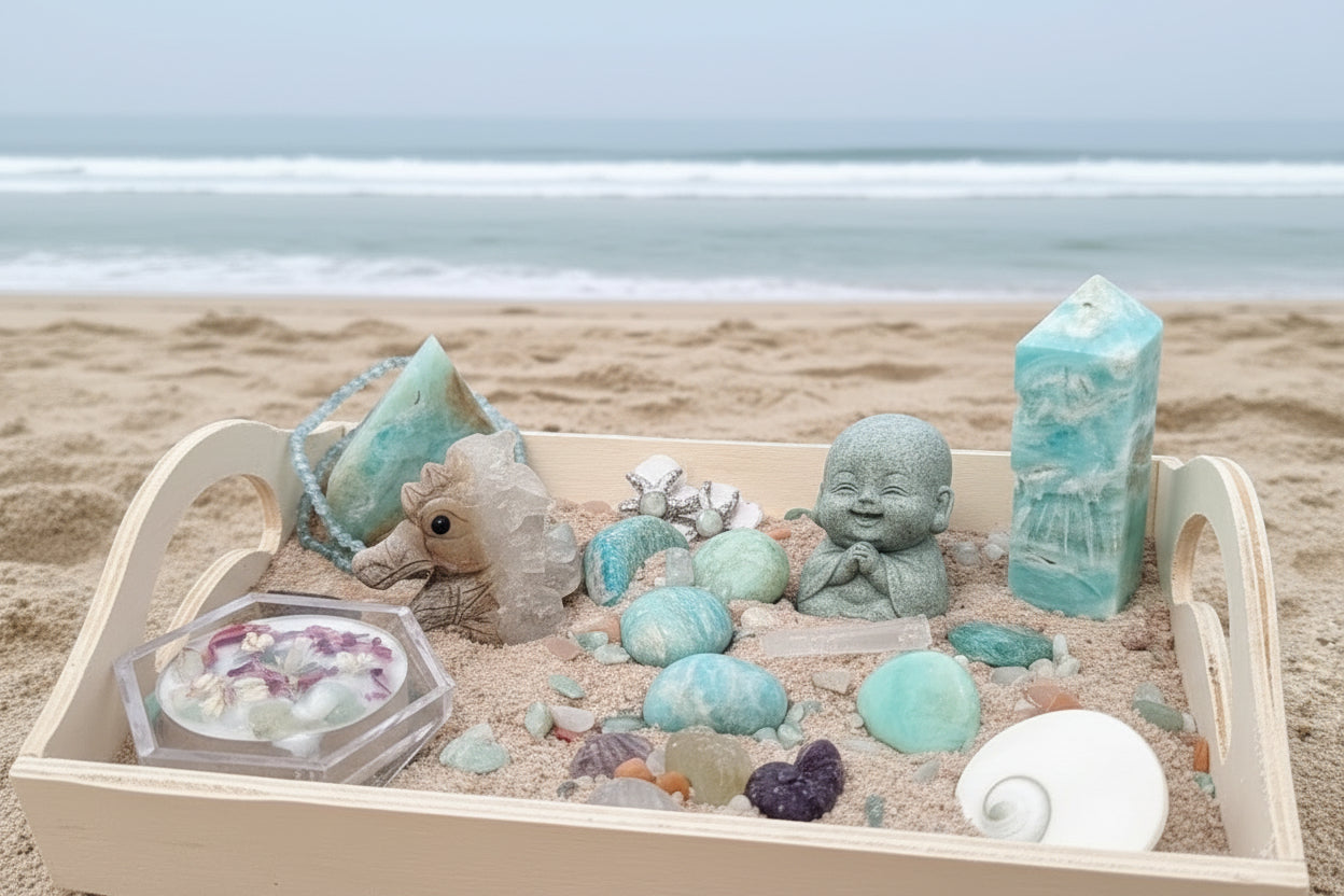 Zen mini tray for relaxation, caribbean calcite tower and free form, amazonite tumbles, clear quartz and sandstone seahorse, zen candle 
