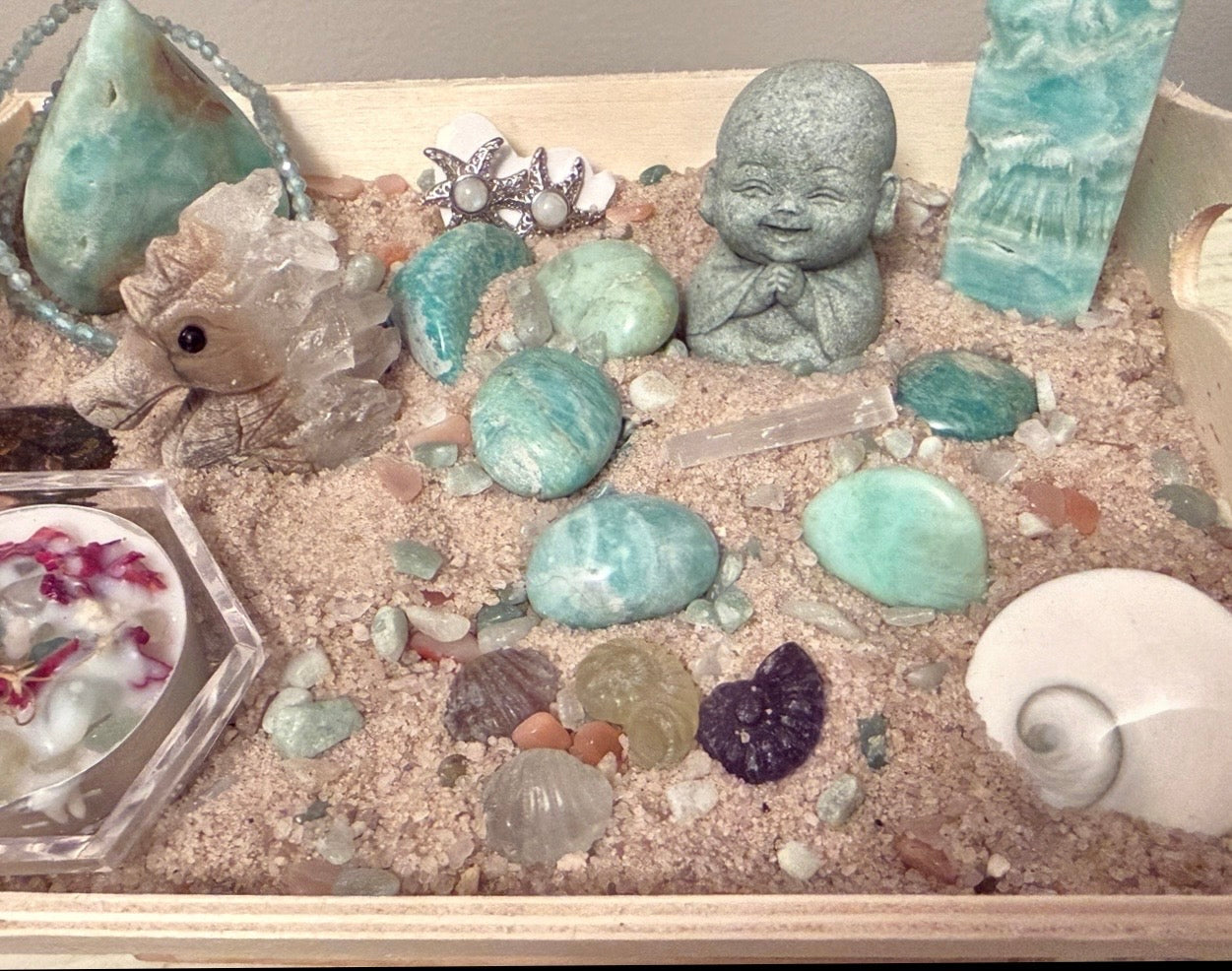 Mini Zen Sand Garden Set with Buddha statue, crystals, and shells for relaxation