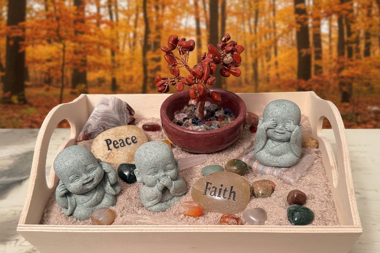 Zen Garden Tray with three buddha carvings, Peace and Faith manifesting stones, assorted crystal tumbles 