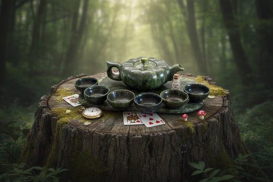 Natural Jade Tea Set Pot, 6 cups, and a tray sitting on a tree stump in the green forest with reference to Alice in Wonderland decoration