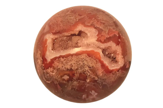 Close up of Carnelian Agate Sphere with Druzy Pocket