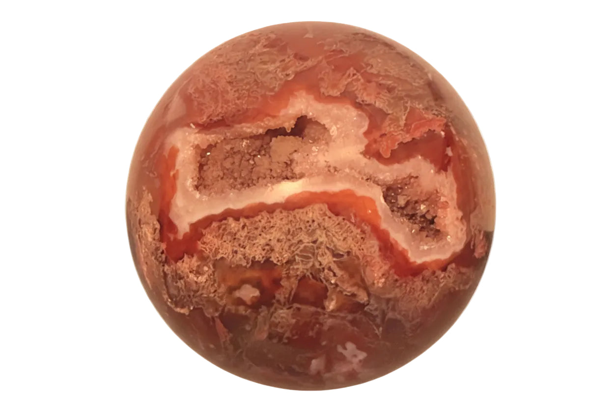 Close up of Carnelian Agate Sphere with Druzy Pocket 