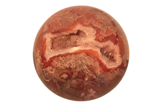 Close up of Carnelian Agate Sphere with Druzy Pocket 