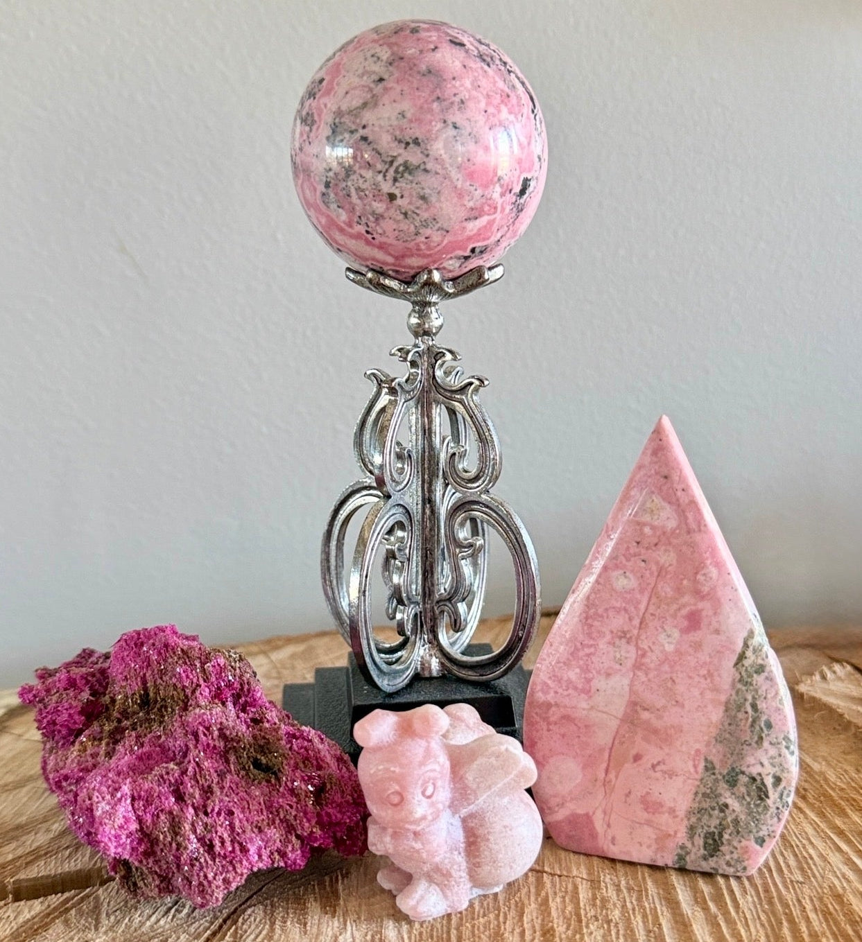 Rhodonite Sphere in a silver and wooden stand,  Pink Opal Bee carving, Rhodonite Free Form