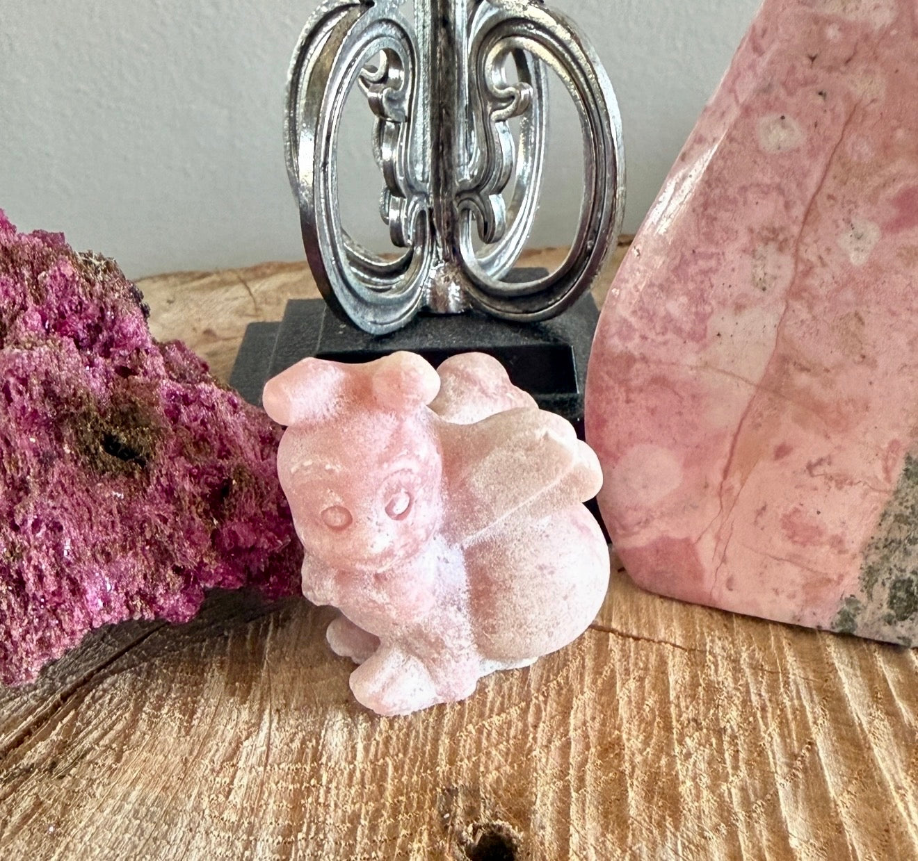 Pink Opal carved honey bee on a wood plank part of a bundle 