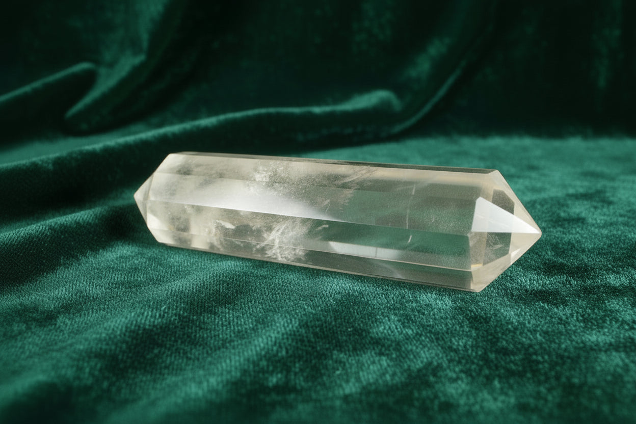 Clear Quartz Double Point with Blue Needle Inclusion sitting on a dark green velvet cloth 