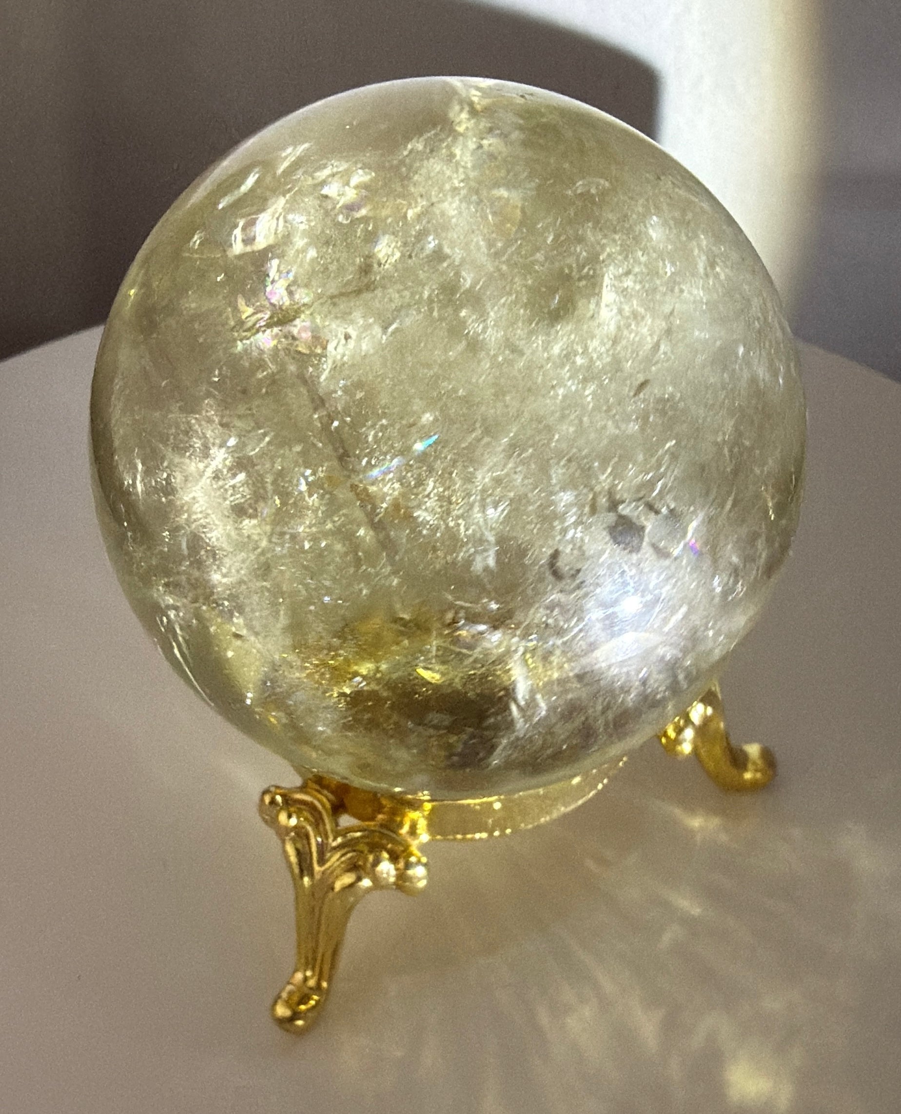 Natural Citrine Quartz Sphere on golden stand, Prosperity and Joy Crystal