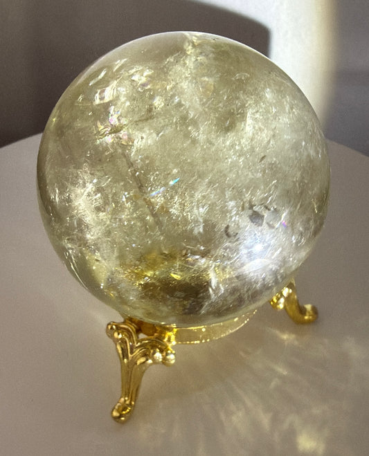 Natural Citrine Quartz Sphere on golden stand, Prosperity and Joy Crystal