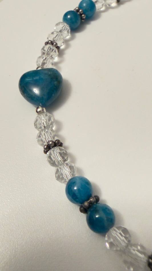 Close up of Blue Apatite and Clear Quartz Cell Phone Wristlet