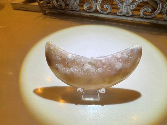 Druzy Pink Sakura Agate crescent moon carving front view