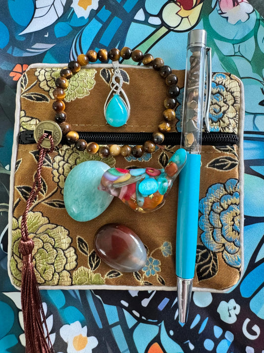 Aventurine and Tiger’s Eye charm pouch with brown silk zipper pouch