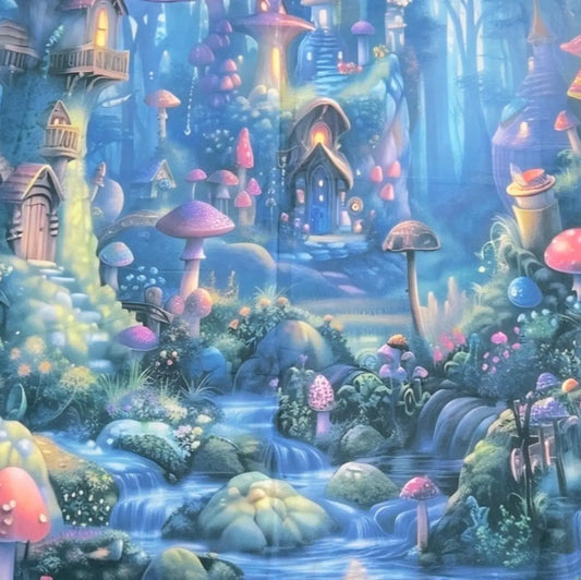 Mushroom Village velvet altar cloth with blue and red forest design